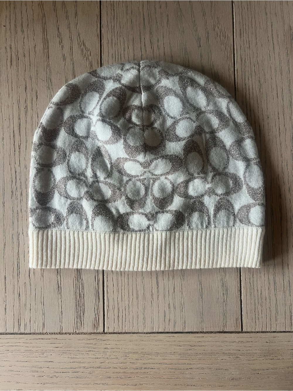 Coach Cream Knit Beanie with Logo Tag